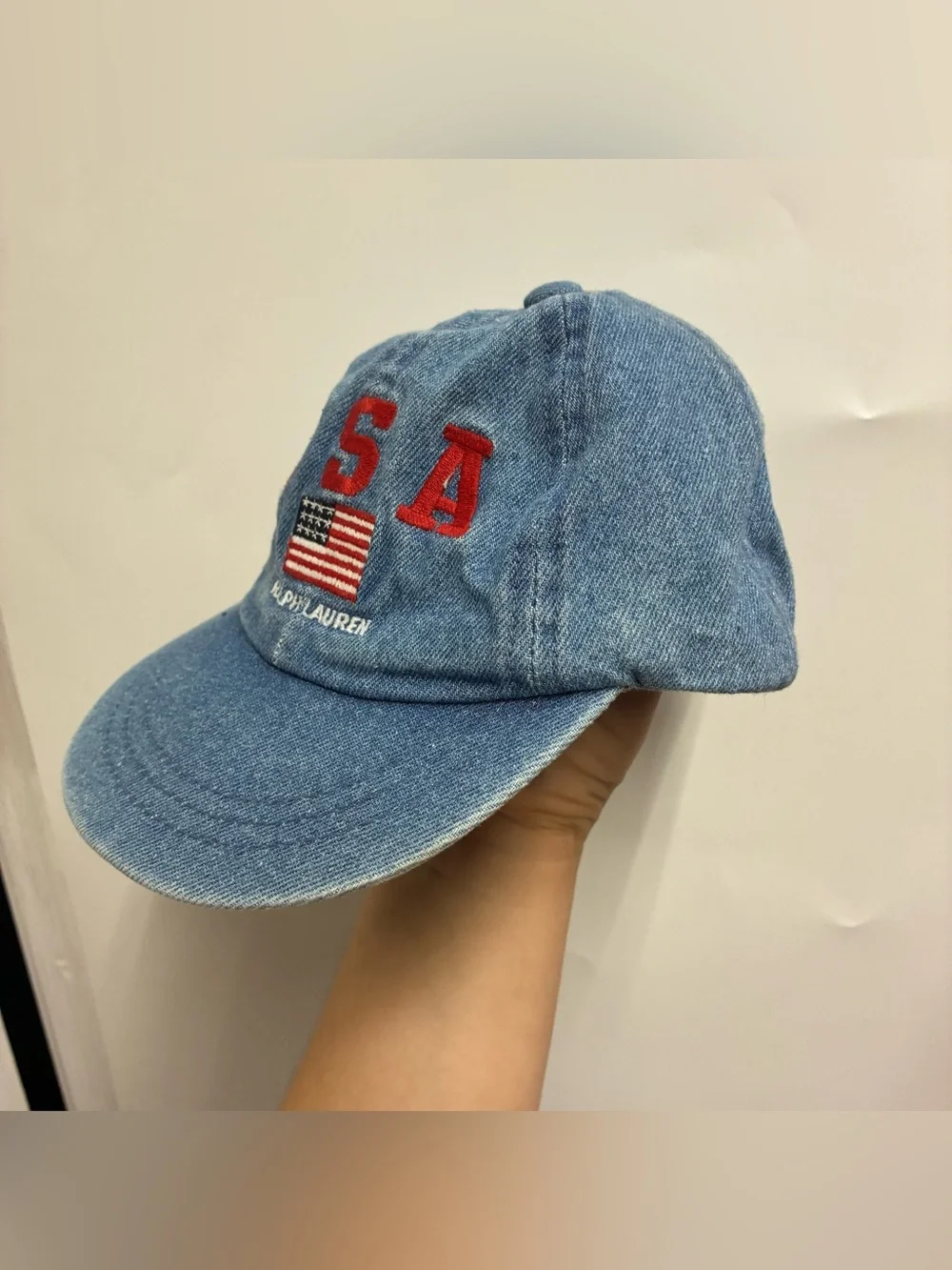 Vintage 90s Ralph Lauren Blue Jean Denim Hat Cap USA Flag One Size Toddler